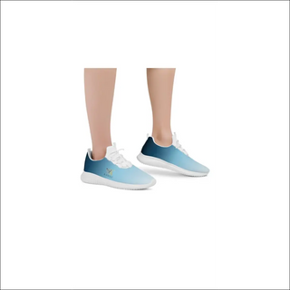 Stylish women's running shoes with a lace-up front design in a trendy blue and white color scheme. The shoes feature a lightweight and comfortable construction suitable for an active, sporty lifestyle.