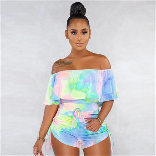 Stylish Tie-Dye Crop Top and Short Set - Blue / L - clothes