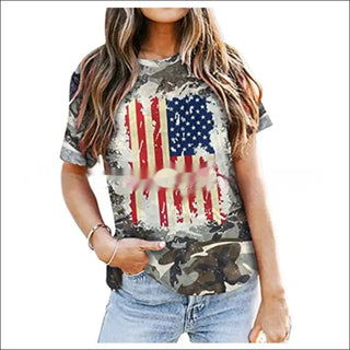 Women's distressed American flag print camo T-shirt with short sleeves.