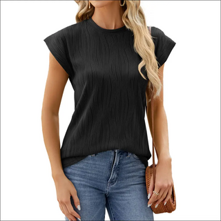 Stylish pleated black women's top displayed on model