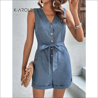 Tie-Waist Buttoned V-Neck Sleeveless Romper