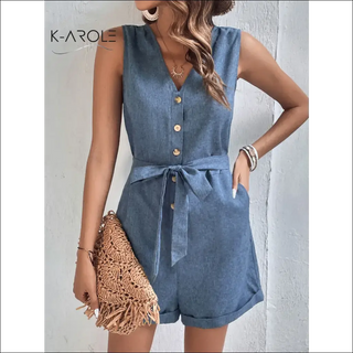 Tie-Waist Buttoned V-Neck Sleeveless Romper