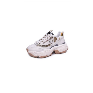 Sleek white sneakers with leopard print details and chunky soles, showcasing a stylish and trendy women's athletic shoe design.