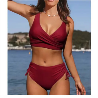 Trendy Tie-Front Teal Two-Piece Swimsuit - Brick red / 3xl