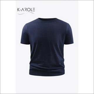 Navy blue short-sleeve tee with US flag graphic design, showcased on a white background for K-AROLE's women's athleisure collection.