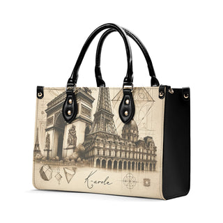 Stylish women's tote bag featuring a cityscape of Paris, including the iconic Eiffel Tower and Arc de Triomphe. The bag has a sleek, modern design with black handles and detailing, making it a versatile accessory for any athleisure outfit.