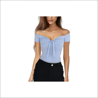 Stylish off-the-shoulder blue top with a knot detail, showcasing the model's elegant neckline and upper body.