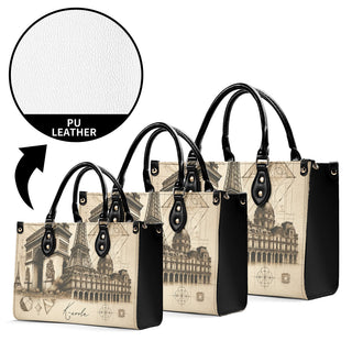 Elegant PU leather tote bags with a vintage cityscape print, featuring a French-inspired design and durable black handles. These chic, versatile handbags from K-AROLE are perfect for upscale athleisure outfits.