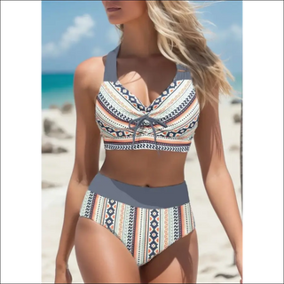 Vibrant printed bikini with plunging neckline and high-waist bottoms, perfect for a beach getaway.