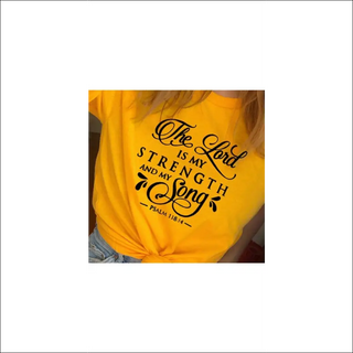 Stylish yellow t-shirt with retro-inspired typography and faith-based slogan "The Lord is my strength and my song".