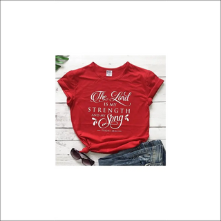 Stylish red Christian t-shirt with inspiring quote "The Lord is my strength and my song"