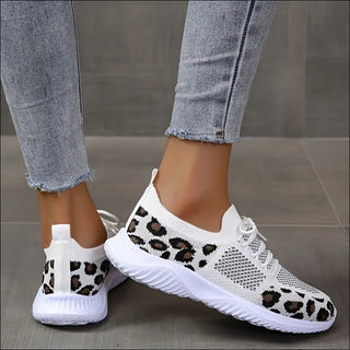 White Shoes Women Leopard Print Lace-up Sneakers Sports -