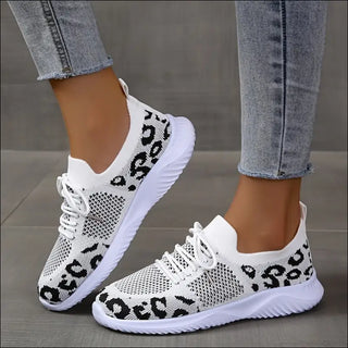 White Shoes Women Leopard Print Lace-up Sneakers Sports -