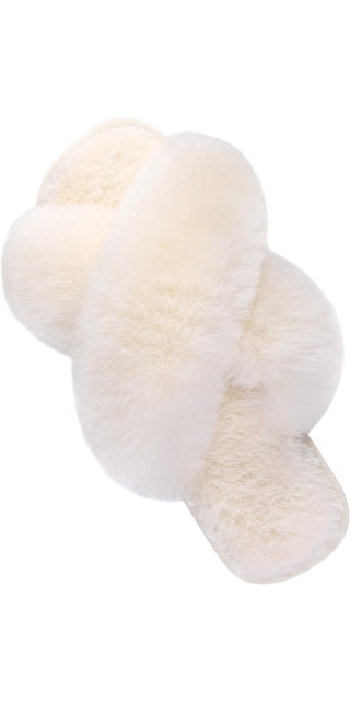Plush white fur slippers with a cozy, fluffy design and an open-toe style for comfortable indoor wear.