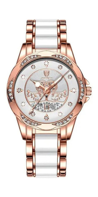 Rose gold women's luxury watch with a swan design and crystals, displayed on a plain white background.