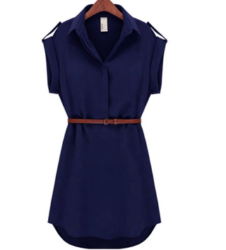 Women's navy blue casual dress with short sleeves, V-neck, and belted waist from K-AROLE store.