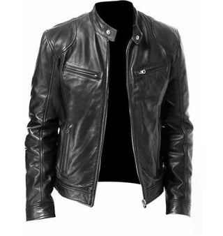 Stylish black leather jacket with zipper pockets and collar, perfect for a sophisticated gentleman's casual outfit.