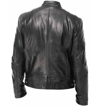 Sophisticated men's black leather jacket with a zipper closure and pockets, displaying a classic and stylish design perfect for a gentleman's wardrobe.