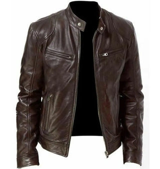 Stylish men's brown leather jacket with zipper pockets and a clean, sophisticated design, perfect for completing a modern, casual outfit.