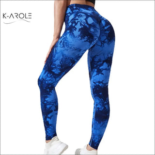 Stylish blue tie-dye yoga leggings with a seamless design for comfortable and fashionable workout attire, featured in the K-AROLE product image.