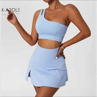 Stylish one-shoulder yoga bra set with stretch fabric and shockproof design from K-AROLE women's fashion.